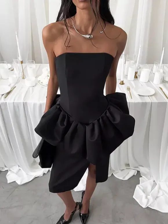Elegant Women's 2 Piece Set - Vintage Peplum Tube Top & Side Slit Midi Skirt - Chic Summer Party Wear 2026