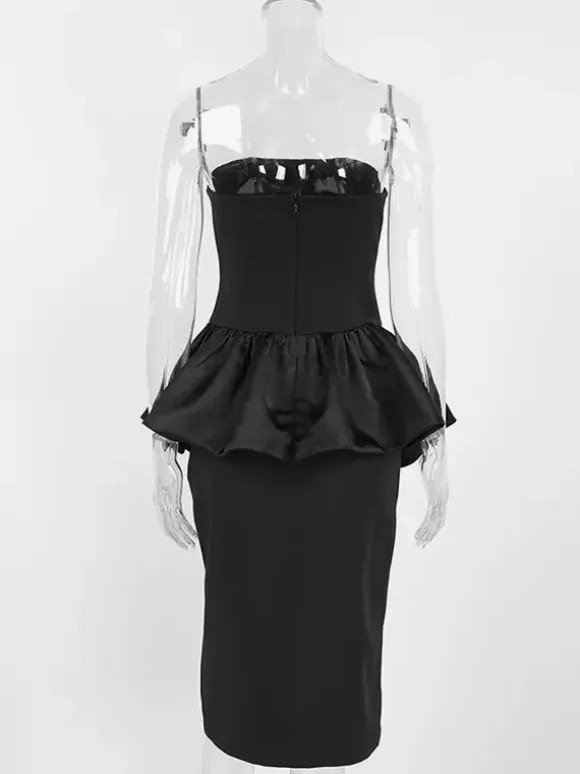 Elegant Women's 2 Piece Set - Vintage Peplum Tube Top & Side Slit Midi Skirt - Chic Summer Party Wear 2026