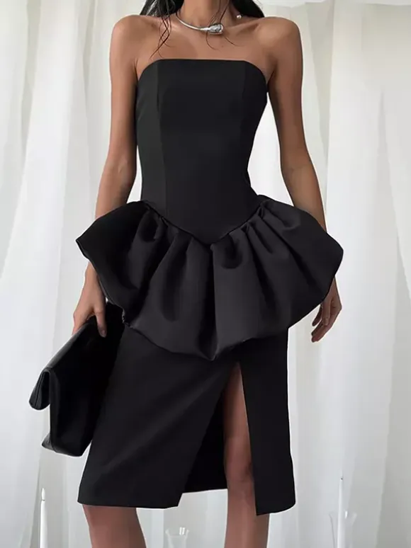 Elegant Women's 2 Piece Set - Vintage Peplum Tube Top & Side Slit Midi Skirt - Chic Summer Party Wear 2026