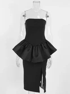 Elegant Women's 2 Piece Set - Vintage Peplum Tube Top & Side Slit Midi Skirt - Chic Summer Party Wear 2026
