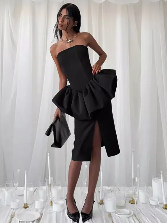 Elegant Women's 2 Piece Set - Vintage Peplum Tube Top & Side Slit Midi Skirt - Chic Summer Party Wear 2026