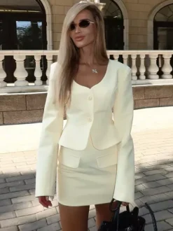 Elegant Women's Skirt Suit Set - Peplum Blazer & Mini Skirt 2 Piece - Old Money Style Spring Business Wear 2026