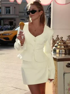 Elegant Women's Skirt Suit Set - Peplum Blazer & Mini Skirt 2 Piece - Old Money Style Spring Business Wear 2026