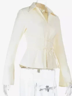 Elegant Women's Slim Peplum Shirt - Vintage Tie Waist Bell Sleeve Blouse - Y2K Chic Spring Date Night Top 2026