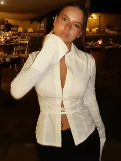 Elegant Women's Slim Peplum Shirt - Vintage Tie Waist Bell Sleeve Blouse - Y2K Chic Spring Date Night Top 2026