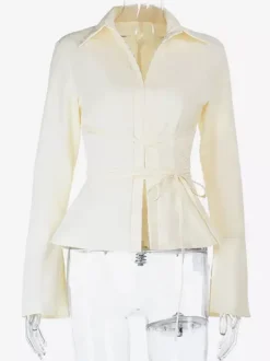 Elegant Women's Slim Peplum Shirt - Vintage Tie Waist Bell Sleeve Blouse - Y2K Chic Spring Date Night Top 2026