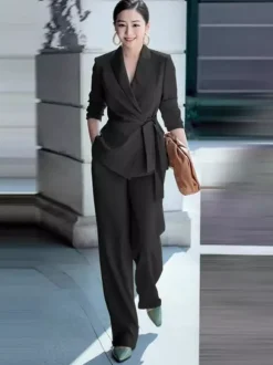 Elegant Wrap Blazer Women 2 Piece Set - Slim Fit Tie Waist Wide Leg Pantsuit - Spring Business Casual 2026