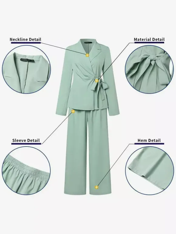 Elegant Wrap Blazer Women 2 Piece Set - Slim Fit Tie Waist Wide Leg Pantsuit - Spring Business Casual 2026