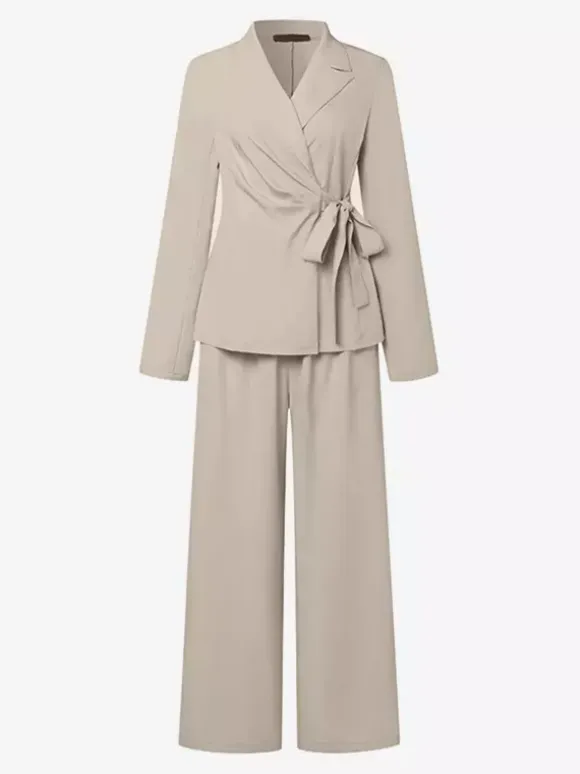 Elegant Wrap Blazer Women 2 Piece Set - Slim Fit Tie Waist Wide Leg Pantsuit - Spring Business Casual 2026