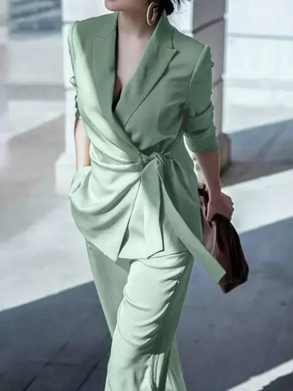 Elegant Wrap Blazer Women 2 Piece Set - Slim Fit Tie Waist Wide Leg Pantsuit - Spring Business Casual 2026