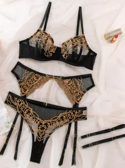 Embroidered Bra And Panty Set with Garter Belt 3 Pieces Set