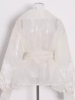 Embroidered Organza Blouses Puff Sleeve Tops For Women - Apricot Boho Tie Waist Sheer Wrap Shirt - Summer Garden Party 2026