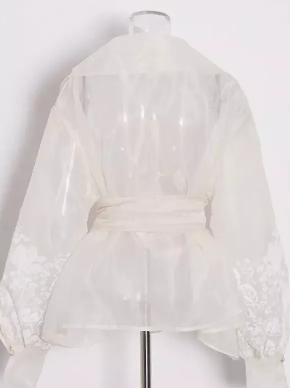 Embroidered Organza Blouses Puff Sleeve Tops For Women - Apricot Boho Tie Waist Sheer Wrap Shirt - Summer Garden Party 2026