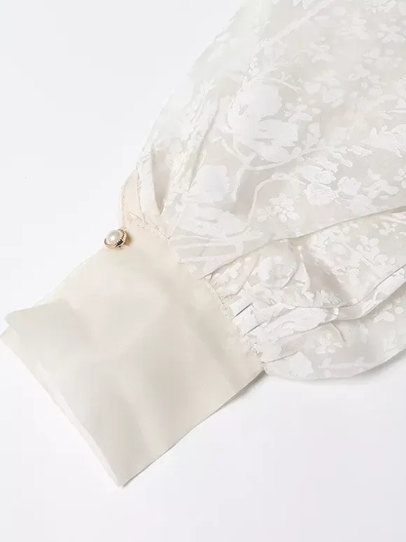 Embroidered Organza Blouses Puff Sleeve Tops For Women - Apricot Boho Tie Waist Sheer Wrap Shirt - Summer Garden Party 2026