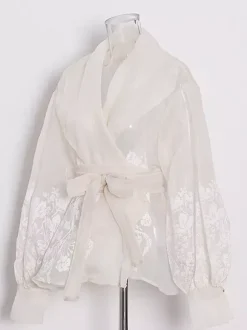 Embroidered Organza Blouses Puff Sleeve Tops For Women - Apricot Boho Tie Waist Sheer Wrap Shirt - Summer Garden Party 2026