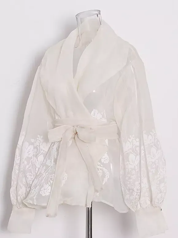 Embroidered Organza Blouses Puff Sleeve Tops For Women - Apricot Boho Tie Waist Sheer Wrap Shirt - Summer Garden Party 2026
