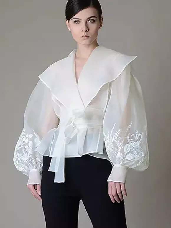 Embroidered Organza Blouses Puff Sleeve Tops For Women - Apricot Boho Tie Waist Sheer Wrap Shirt - Summer Garden Party 2026