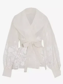 Embroidered Organza Blouses Puff Sleeve Tops For Women - Apricot Boho Tie Waist Sheer Wrap Shirt - Summer Garden Party 2026