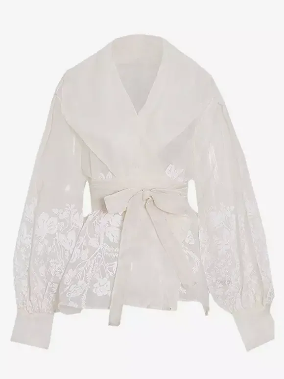Embroidered Organza Blouses Puff Sleeve Tops For Women - Apricot Boho Tie Waist Sheer Wrap Shirt - Summer Garden Party 2026