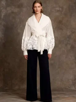 Embroidered Organza Blouses Puff Sleeve Tops For Women - Apricot Boho Tie Waist Sheer Wrap Shirt - Summer Garden Party 2026