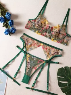 Embroidered See Through Lingerie Pink 4-Piece Adult's Bra Panty Set