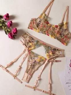 Embroidered See Through Lingerie Pink 4-Piece Adult's Bra Panty Set