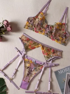 Embroidered See Through Lingerie Pink 4-Piece Adult's Bra Panty Set