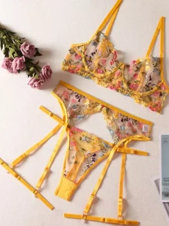 Embroidered See Through Lingerie Pink 4-Piece Adult's Bra Panty Set
