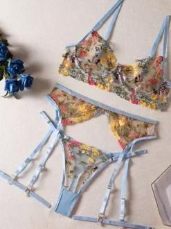 Embroidered See Through Lingerie Pink 4-Piece Adult's Bra Panty Set