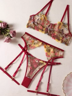 Embroidered See Through Lingerie Pink 4-Piece Adult's Bra Panty Set