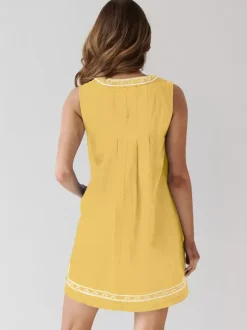 Embroidered Denim Mini Dress For Women - Casual V Neck Tie Front Loose Babydoll Sun Dress With Pockets - Summer Beach Vacation 2026