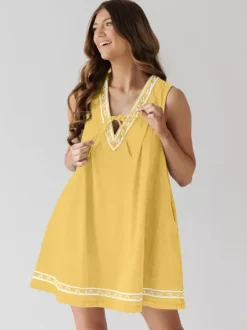 Embroidered Denim Mini Dress For Women - Casual V Neck Tie Front Loose Babydoll Sun Dress With Pockets - Summer Beach Vacation 2026