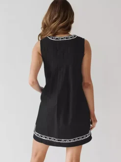 Embroidered Denim Mini Dress For Women - Casual V Neck Tie Front Loose Babydoll Sun Dress With Pockets - Summer Beach Vacation 2026