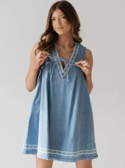 Embroidered Denim Mini Dress For Women - Casual V Neck Tie Front Loose Babydoll Sun Dress With Pockets - Summer Beach Vacation 2026