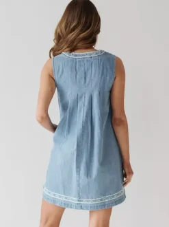 Embroidered Denim Mini Dress For Women - Casual V Neck Tie Front Loose Babydoll Sun Dress With Pockets - Summer Beach Vacation 2026