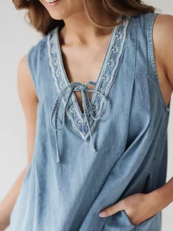 Embroidered Denim Mini Dress For Women - Casual V Neck Tie Front Loose Babydoll Sun Dress With Pockets - Summer Beach Vacation 2026