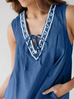 Embroidered Denim Mini Dress For Women - Casual V Neck Tie Front Loose Babydoll Sun Dress With Pockets - Summer Beach Vacation 2026