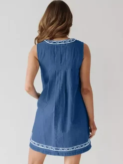 Embroidered Denim Mini Dress For Women - Casual V Neck Tie Front Loose Babydoll Sun Dress With Pockets - Summer Beach Vacation 2026