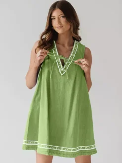 Embroidered Denim Mini Dress For Women - Casual V Neck Tie Front Loose Babydoll Sun Dress With Pockets - Summer Beach Vacation 2026