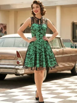 Embroidered Dress Round Neck Sleeveless Lace Up Retro Glamour Dresses