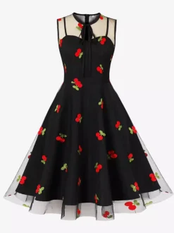 Embroidered Dress Round Neck Sleeveless Lace Up Retro Glamour Dresses