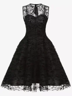 Embroidered Dress Round Neck Sleeveless Lace Up Retro Glamour Dresses