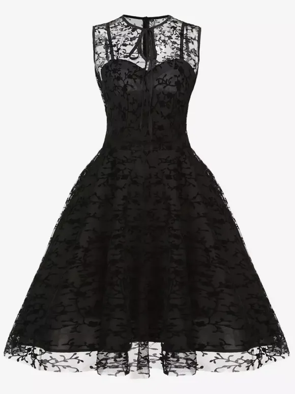 Embroidered Dress Round Neck Sleeveless Lace Up Retro Glamour Dresses