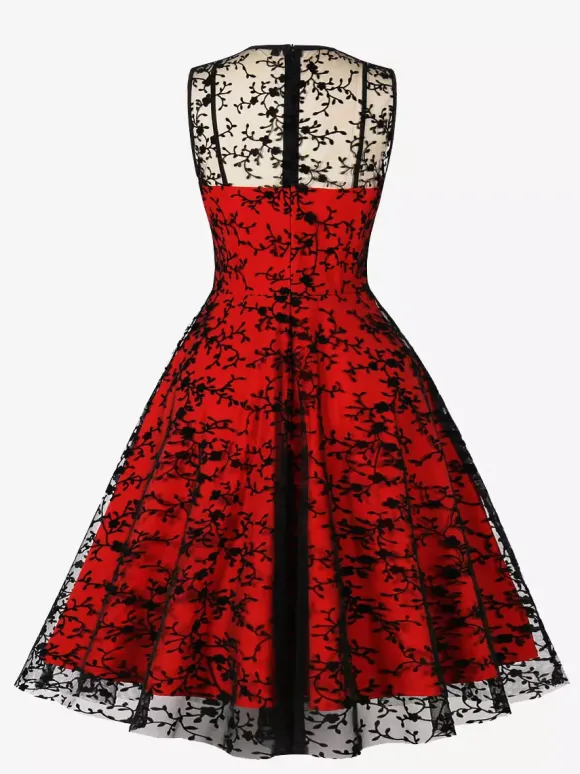 Embroidered Dress Round Neck Sleeveless Lace Up Retro Glamour Dresses