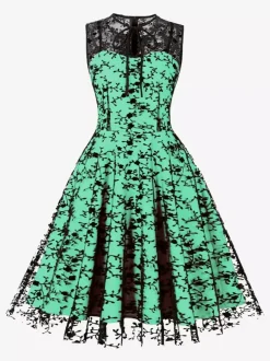 Embroidered Dress Round Neck Sleeveless Lace Up Retro Glamour Dresses