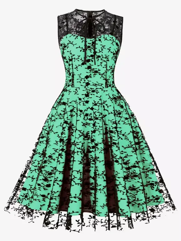 Embroidered Dress Round Neck Sleeveless Lace Up Retro Glamour Dresses