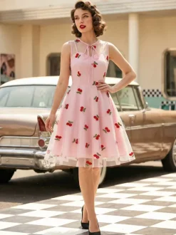 Embroidered Dress Round Neck Sleeveless Lace Up Retro Glamour Dresses