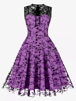 Embroidered Dress Round Neck Sleeveless Lace Up Retro Glamour Dresses