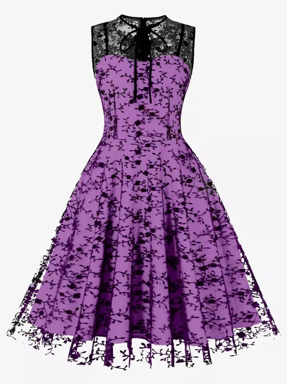 Embroidered Dress Round Neck Sleeveless Lace Up Retro Glamour Dresses