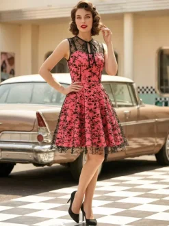 Embroidered Dress Round Neck Sleeveless Lace Up Retro Glamour Dresses